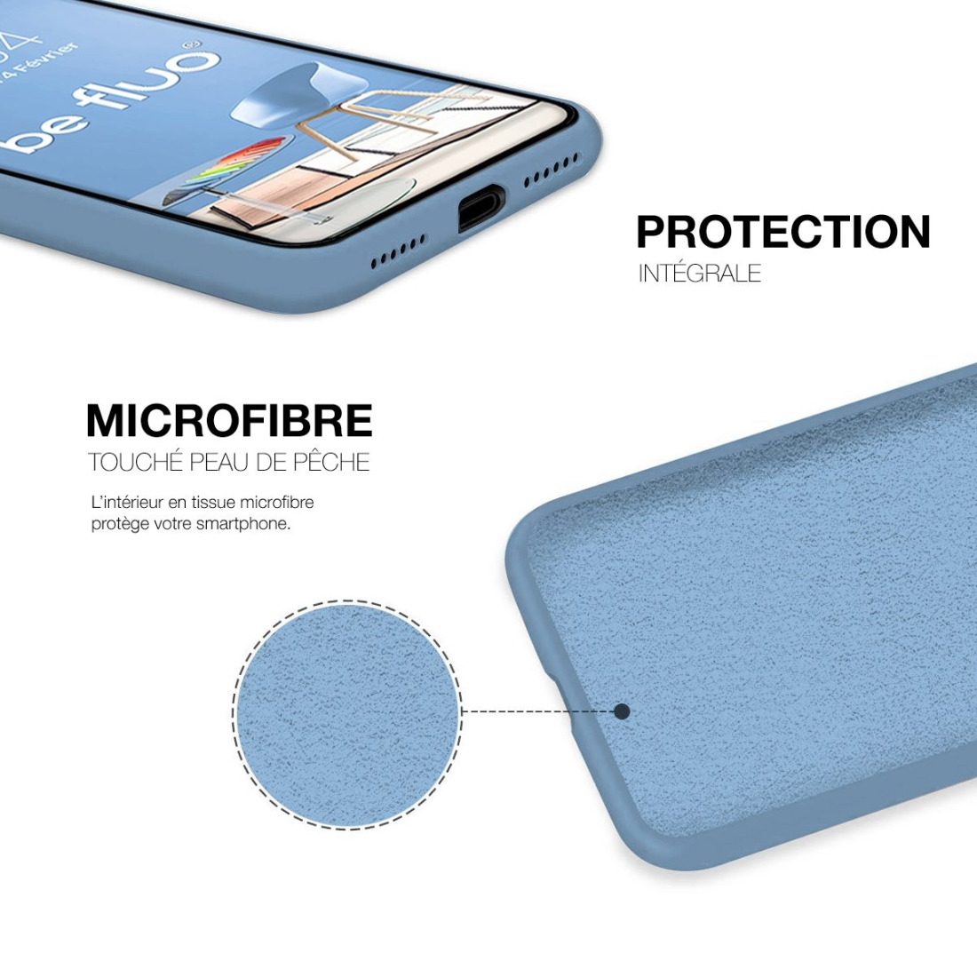 Coque Silicone Moxie BeFluo Fine et Légère pour iPhone 14 Pro Max, Intérieur Microfibre - Bleu acier