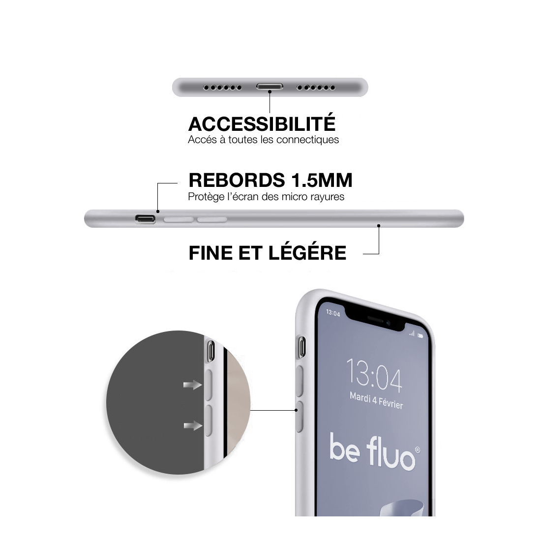 Coque Silicone Moxie BeFluo Fine et Légère pour iPhone 14 Pro, Intérieur Microfibre - Blanc