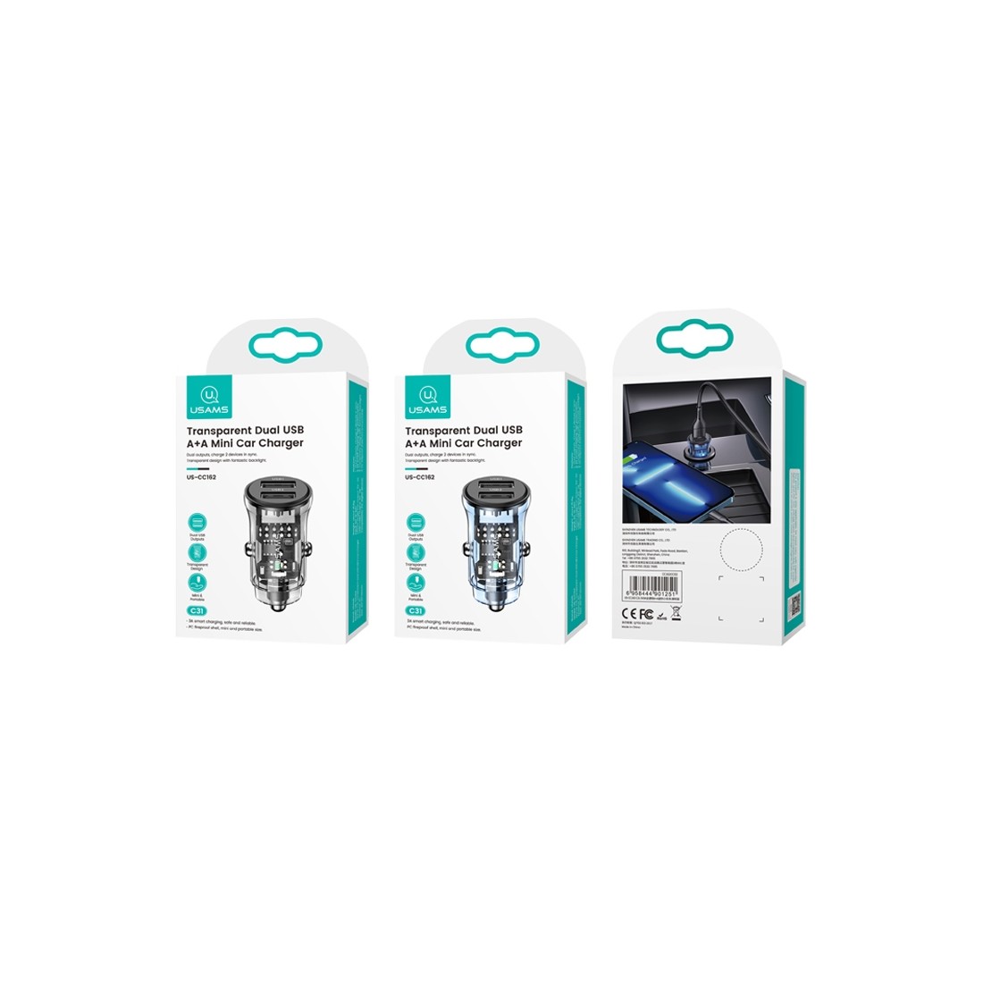 Chargeur Allume Cigare Transparent Usams - 2 entrées USB - 3A