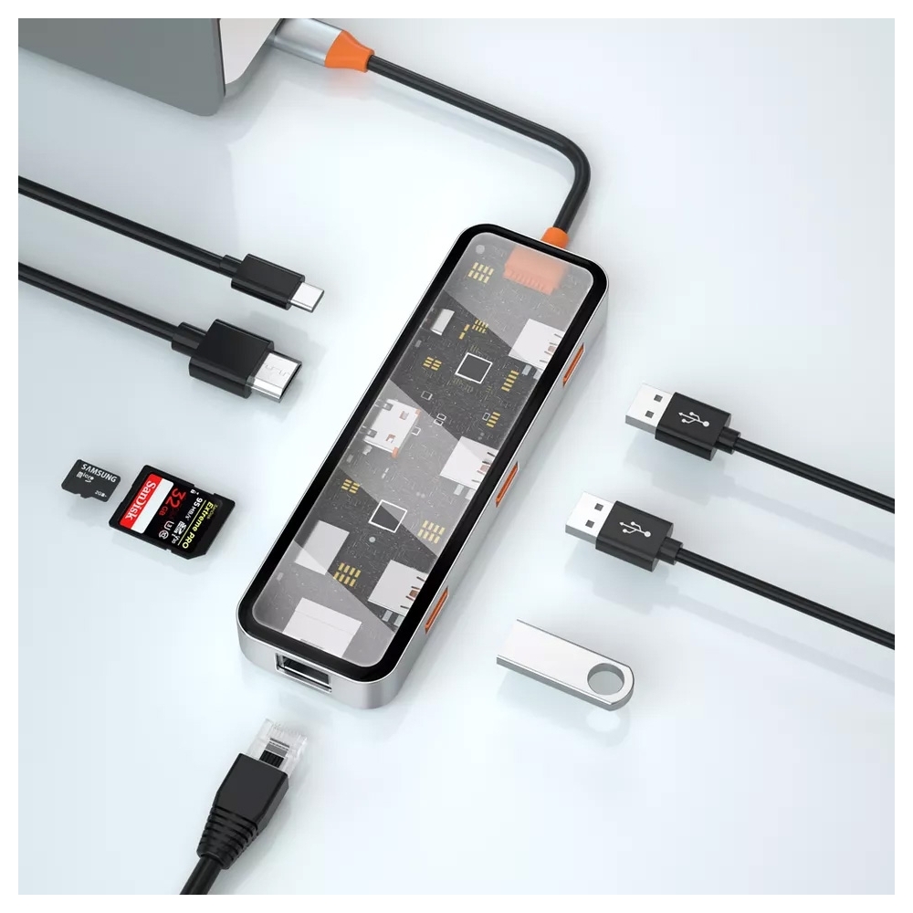 Hub USB-C transparent vers HDMI 4K/3 USB-A -/1 USB-C + 2 SD-TS+RJ45