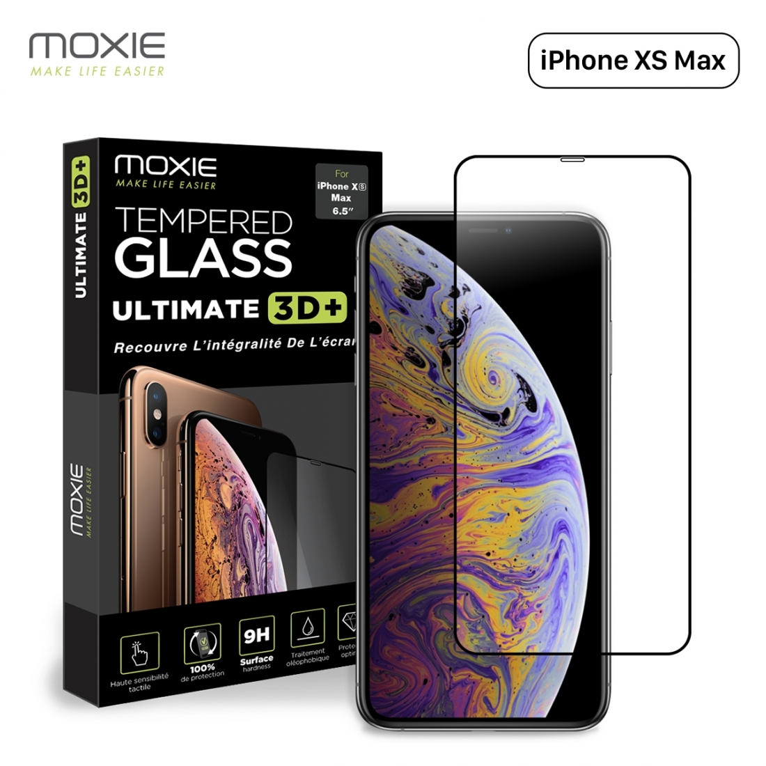 Moxie Verre Trempé pour iPhone XS Max 6.5" [Ultimate 3D+] Protection d'écran Complète en Verre Trempé 9H Ultra Clair, Anti-rayur
