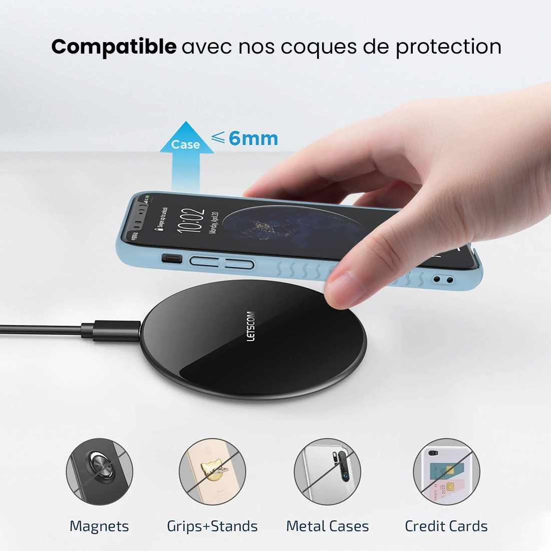 Chargeur à induction Letscom 15W finition verre - Ultra fin
