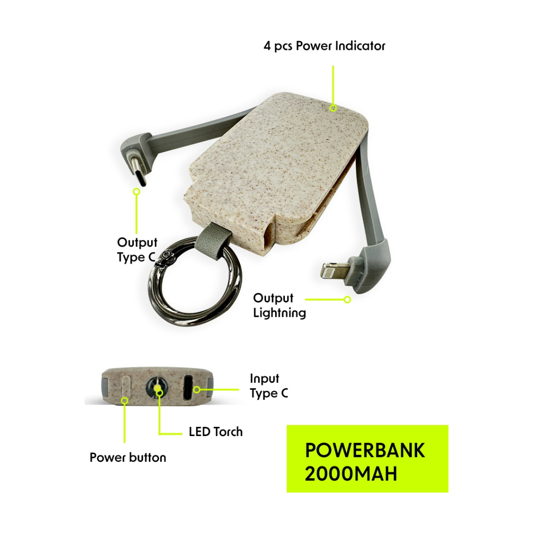 Powerbank 2000 mAh en fibre de blé avec mousqueton