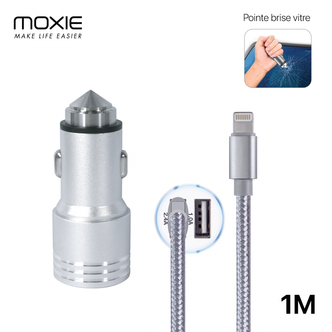 Pack Chargeur Allume Cigare 2 USB 2.4A avec 1 câble Lightning 1M, MOXIE, Chargeur voiture 2 ports USB 1M, Pointe brise vitre [Si