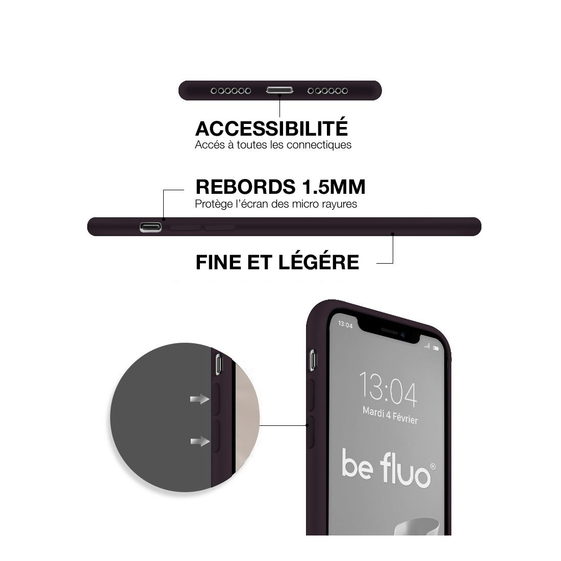 Coque Silicone Moxie BeFluo Fine et Légère pour iPhone 14, Intérieur Microfibre - Cassis
