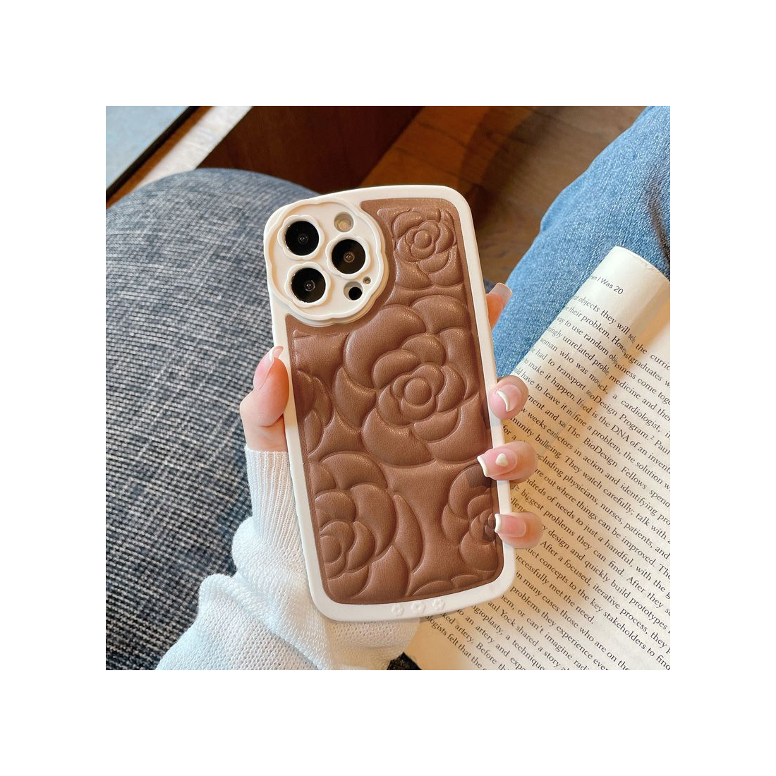 Coque tpu et pu - bimatière motif fleur pour iphone 12 Pro - Marron