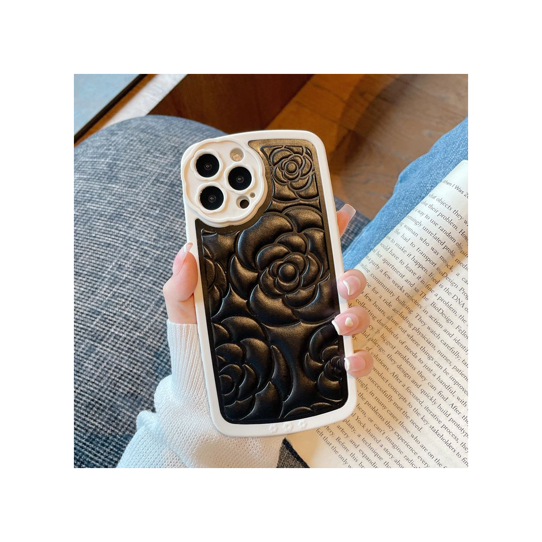 Coque tpu et pu - bimatière motif fleur pour iphone 13 - Noir