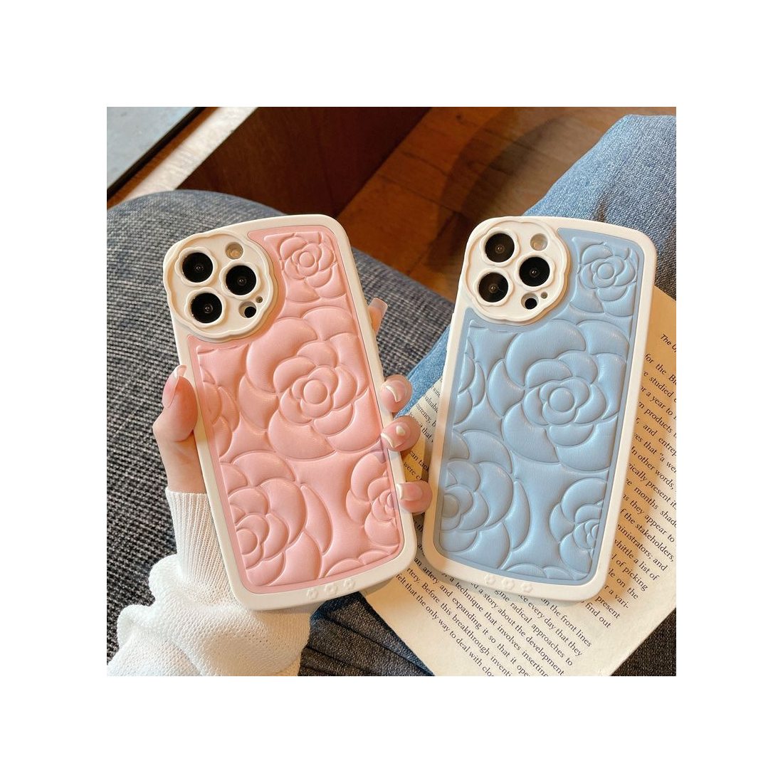 Coque tpu et pu - bimatière motif fleur pour iphone 13 - Bleu clair