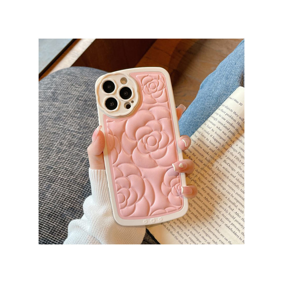 Coque tpu et pu - bimatière motif fleur pour iphone 13 - Rose