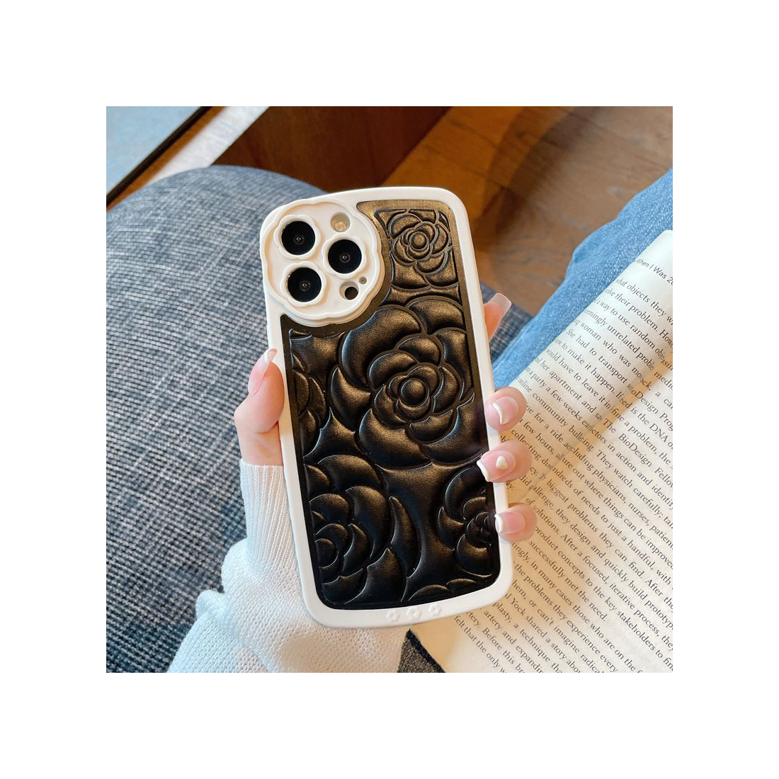 Coque tpu et pu - bimatière motif fleur pour iphone 14 - Noir