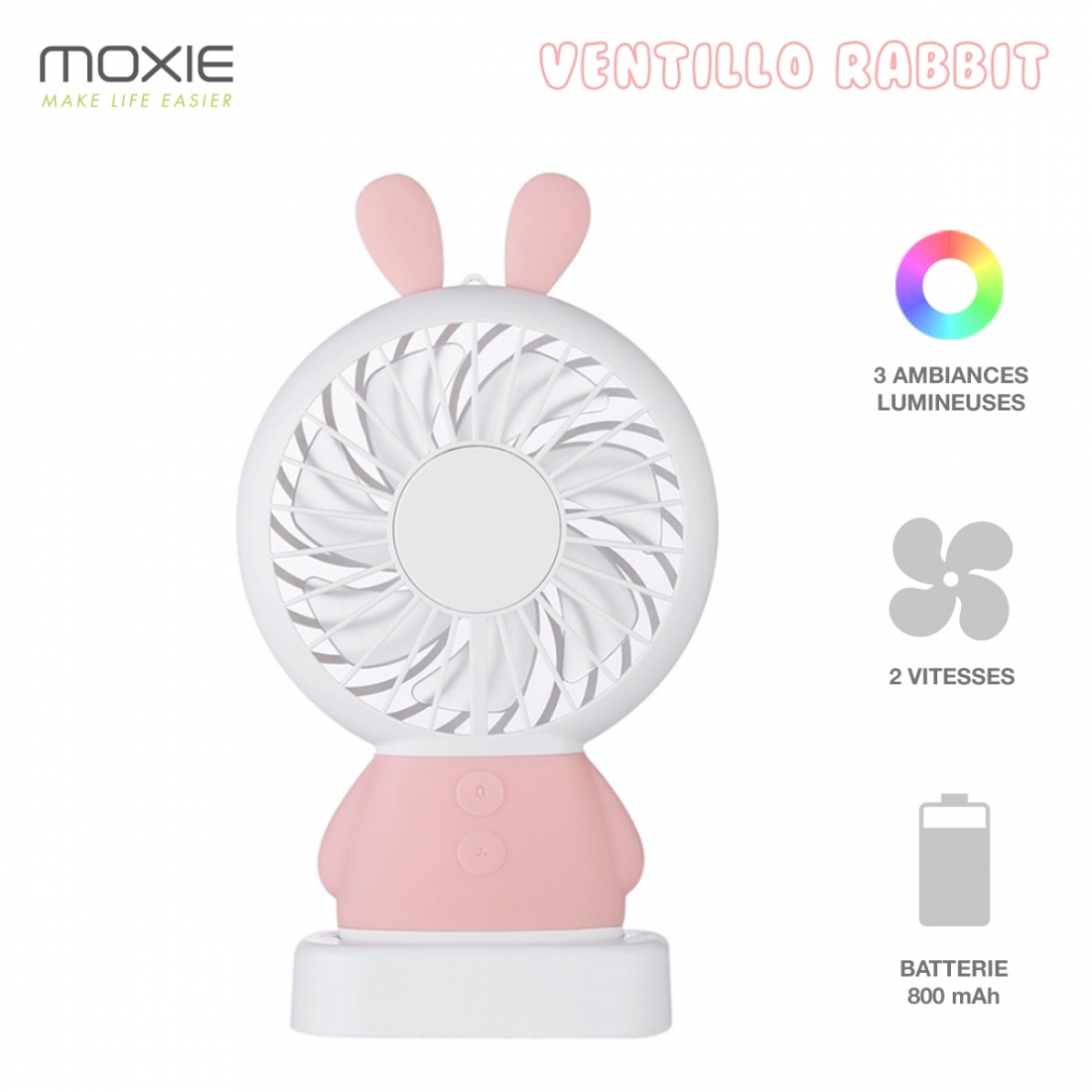 Moxie Mini Ventilateur [Rabbit Fan] Ventilateur Portatif à 2 Vitesses, Batterie de 800mAh Intégrée, Ventilo Lumineux avec Dragon