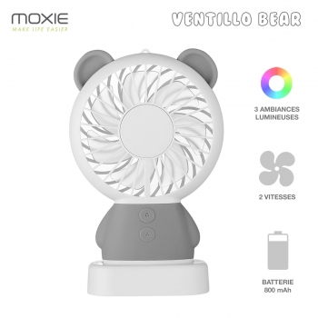 Moxie Mini Ventilateur [Bear Fan] Ventilateur Portatif à 2 Vitesses, Batterie de 800mAh Intégrée, Ventilo Lumineux avec Dragonne