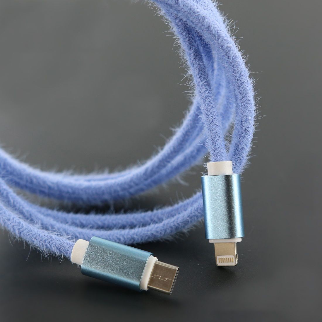 Cable de charge en tissus aspect laine-Type-C vers lightning -1.5M - Bleu