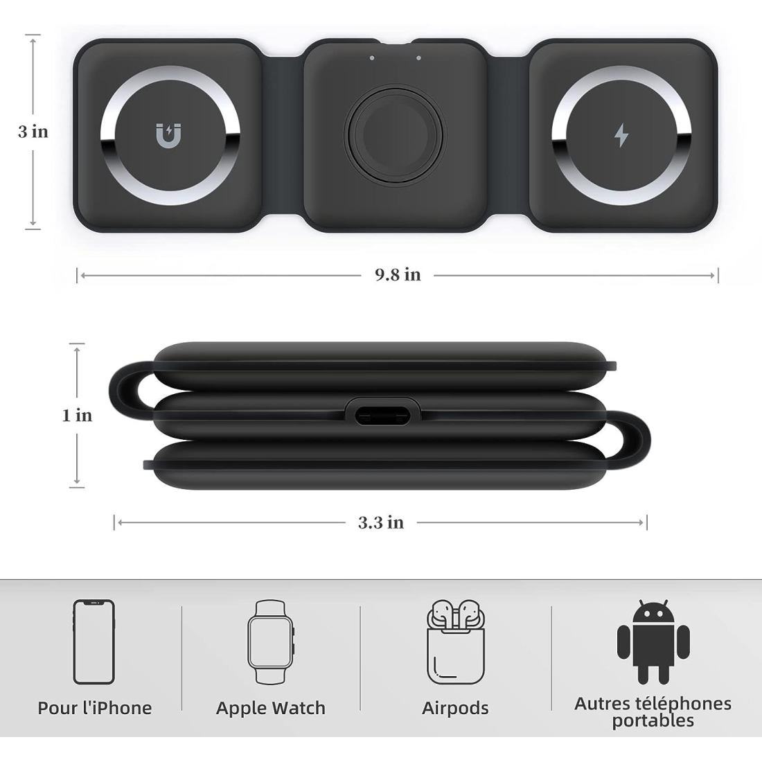Chargeur sans fil 3 en 1 MagSafe 15W smartphone, AirPods et Apple Watch - Noir