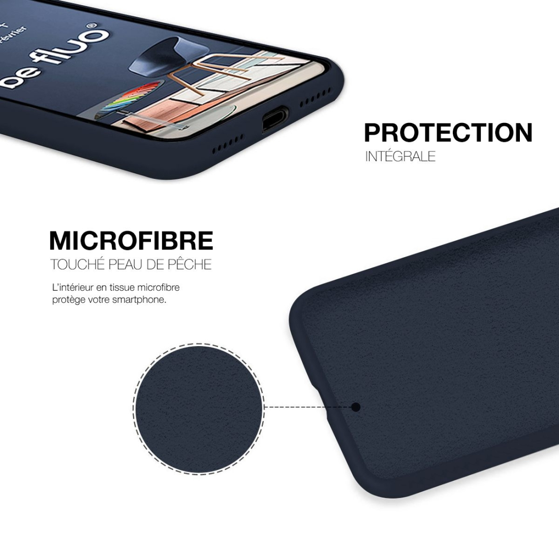 Coque Silicone Moxie BeFluo Fine et Légère pour iPhone 15 Pro, Intérieur Microfibre - Bleu foncé