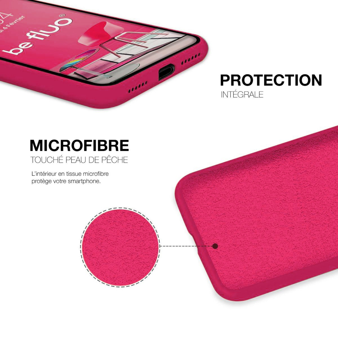Coque Silicone Moxie BeFluo Fine et Légère pour iPhone 15 Pro, Intérieur Microfibre - Framboise