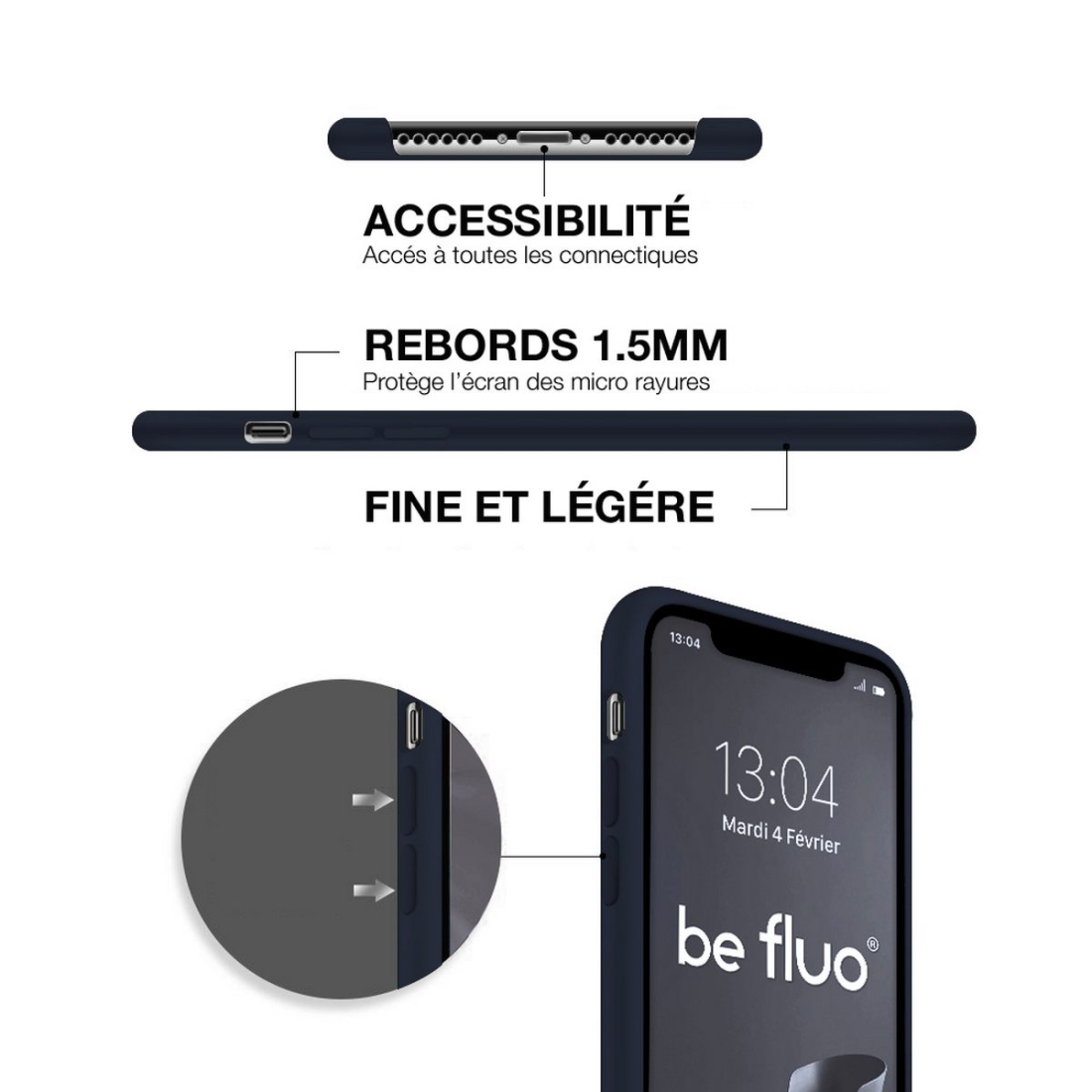 Coque Silicone Moxie BeFluo Fine et Légère pour iPhone 15 Pro Max, Intérieur Microfibre - Bleu foncé
