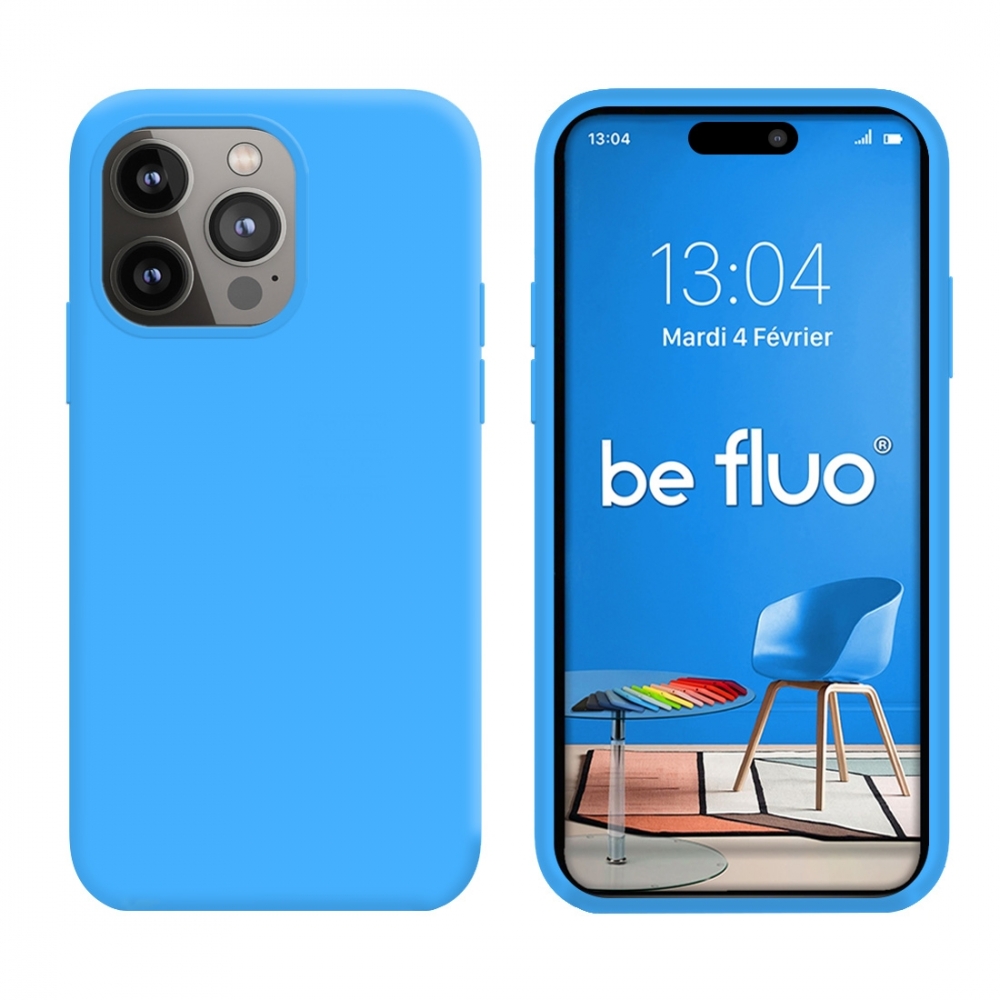 Coque Silicone Moxie BeFluo Fine et Légère pour iPhone 15 Pro Max, Intérieur Microfibre - Bleu clair