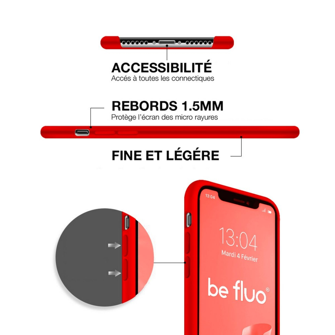 Coque Silicone Moxie BeFluo Fine et Légère pour iPhone 15 Pro Max, Intérieur Microfibre - Rouge