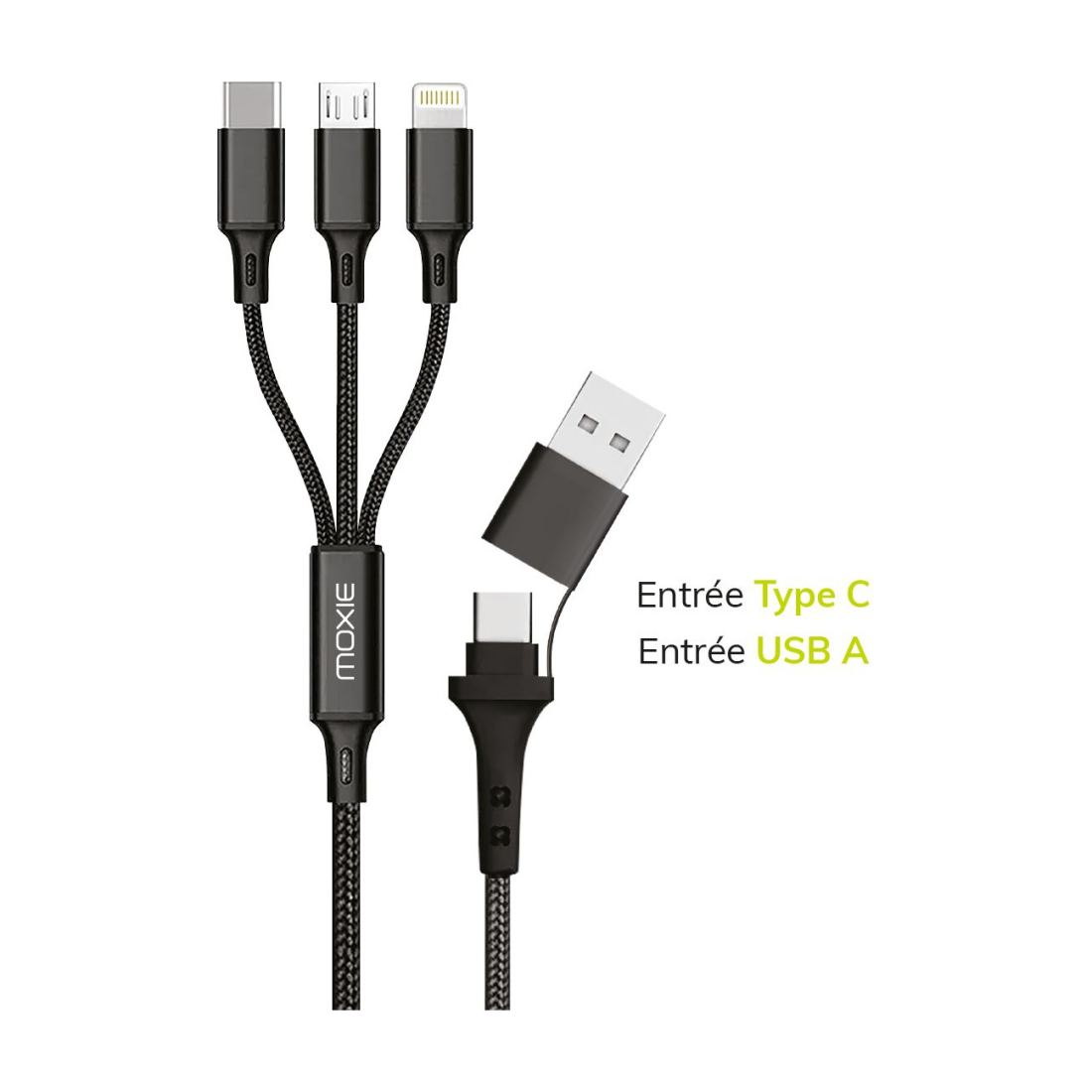 Câble 3 en 1 Moxie nylon tressé 3A double entrée Type-C et USB-A - Noir