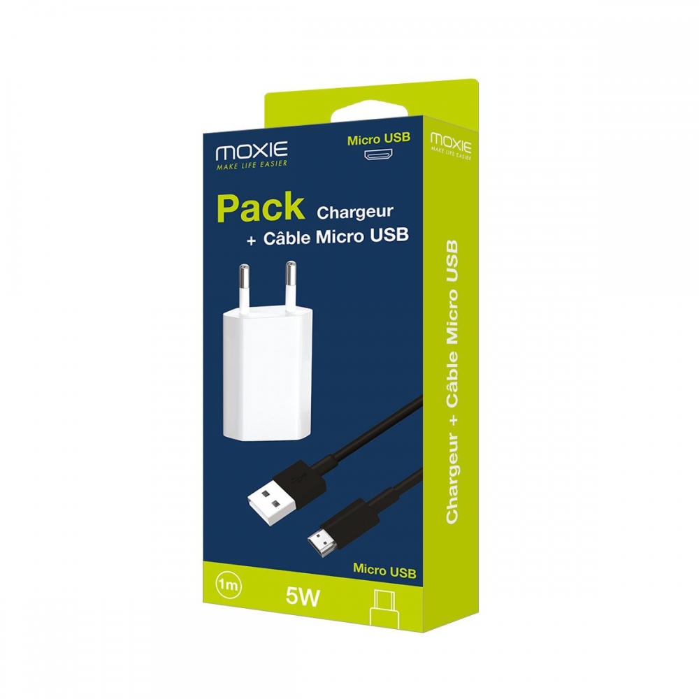 Chargeur secteur CE entrée USB 1A + Câble data Moxie Noir compatible Micro USB - sous packaging