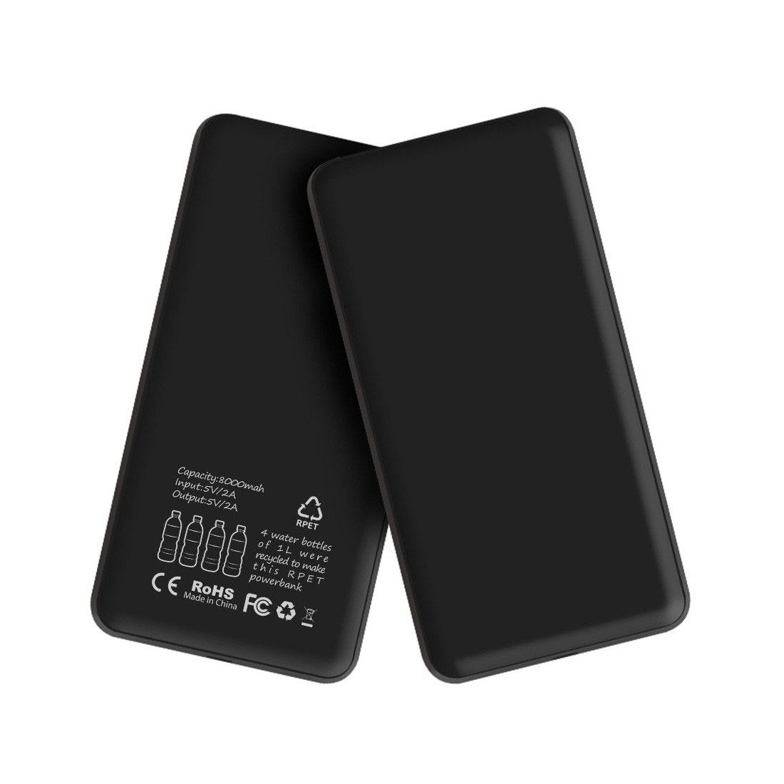 Powerbank noir avec logo led en RPET - 8000 mah