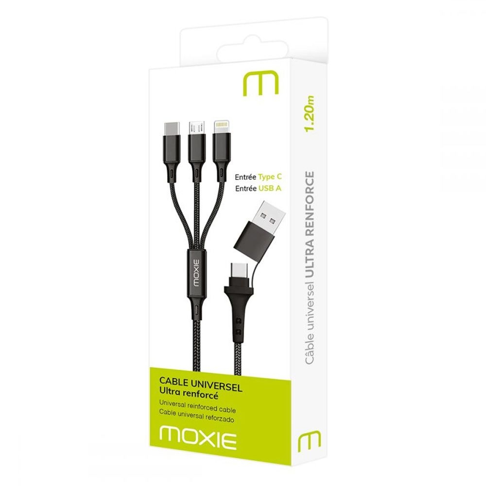 Câble 3 en 1en nylon tressé avec entrée Type-C / USB-A et sortie Lightning / Micro-USB / USB Type-C Fast charge 3A -Noir