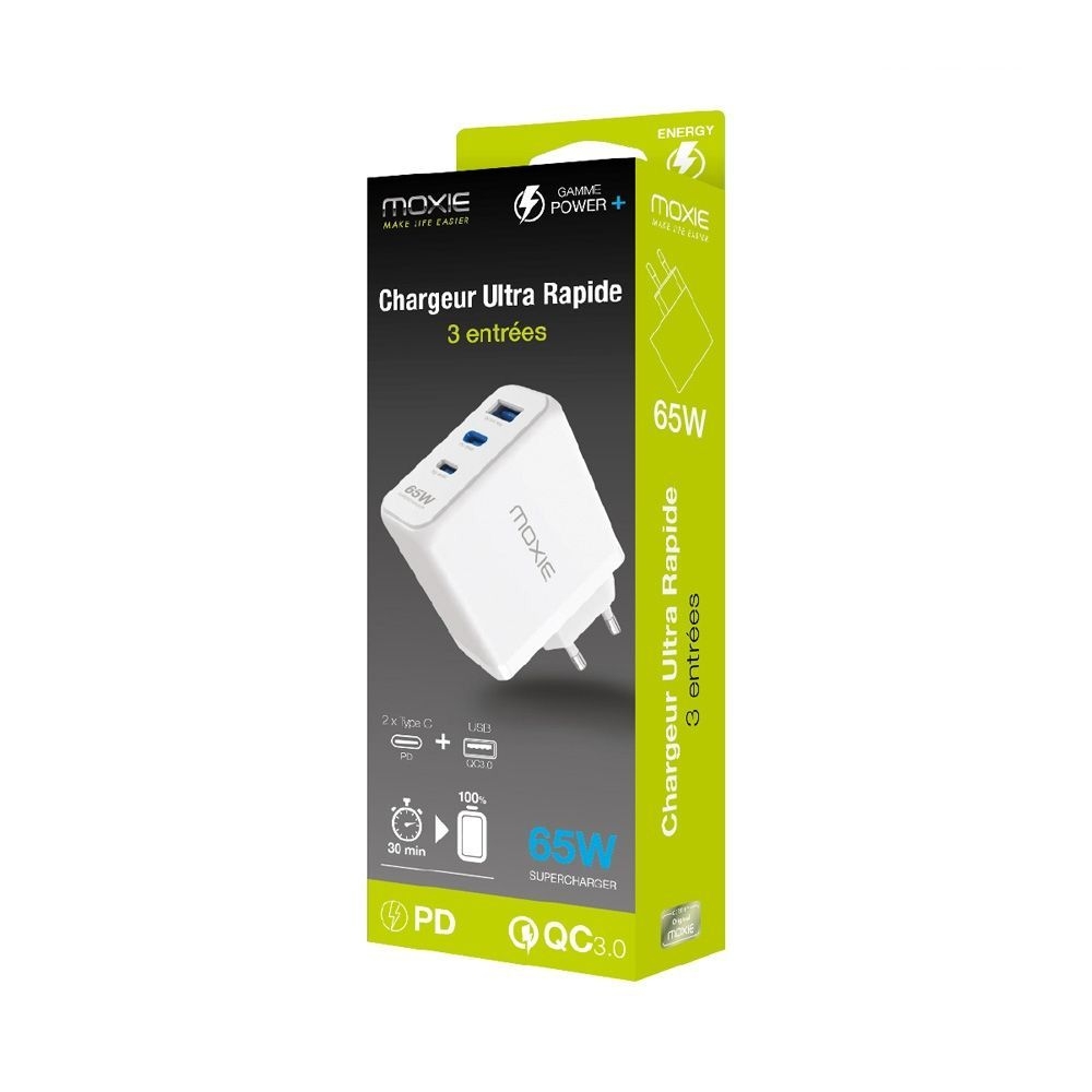 Chargeur Secteur 65W  Fast charge Power Delivery - 2 sorties Type-C / 1 sortie USB-A - Sous packaging