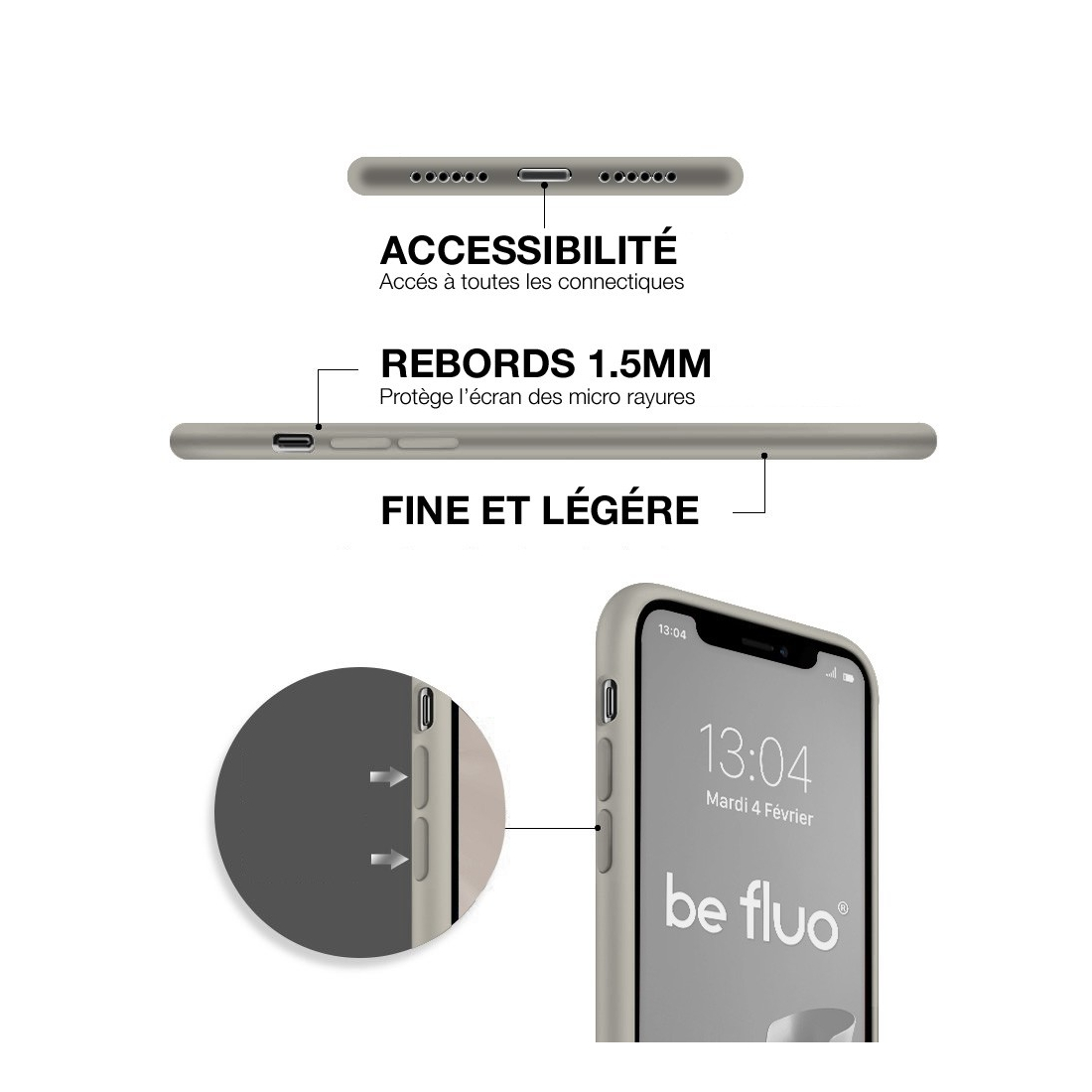 Coque Silicone Moxie BeFluo Fine et Légère pour iPhone 16, Intérieur Microfibre - Gris nardo
