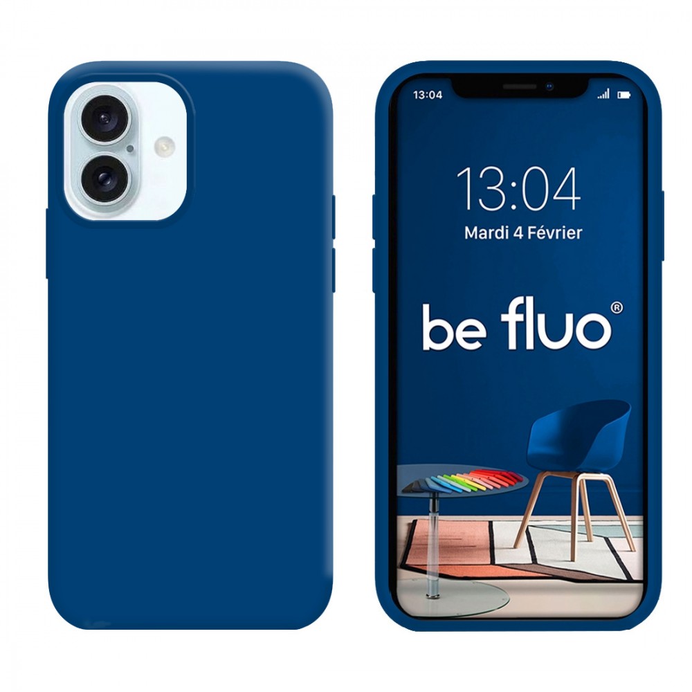 Coque Silicone Moxie BeFluo Fine et Légère pour iPhone 16, Intérieur Microfibre - Bleu marine