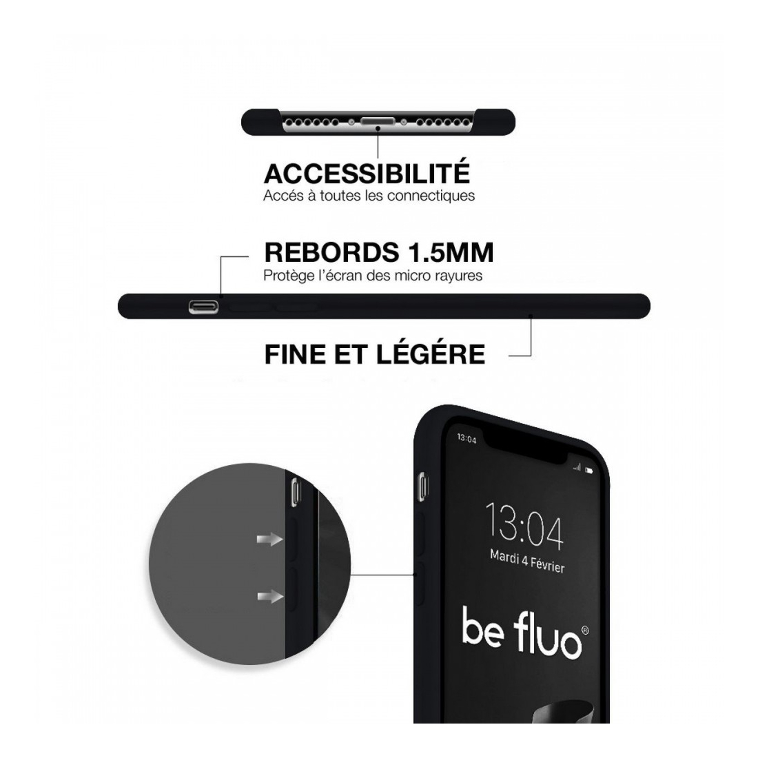 Coque Silicone Moxie BeFluo Fine et Légère pour iPhone 16 Pro, Intérieur Microfibre - Noir