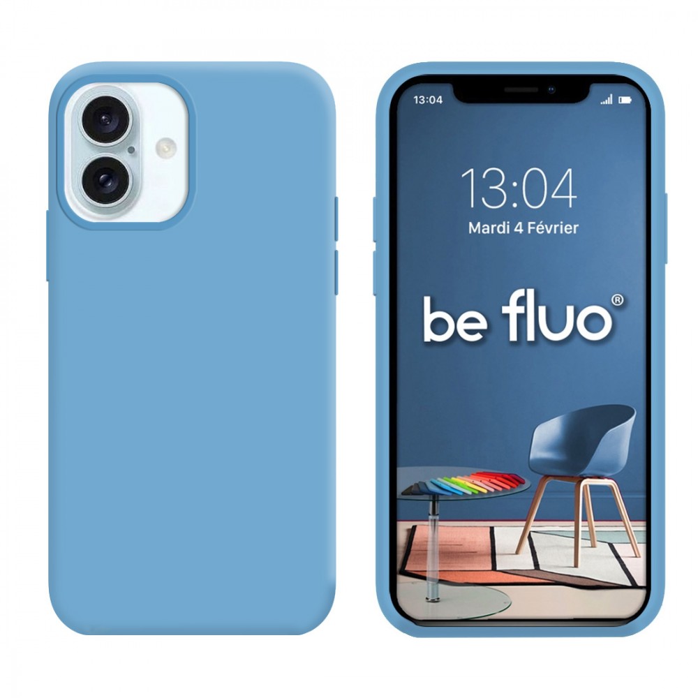 Coque Silicone Moxie BeFluo Fine et Légère pour iPhone 16, Intérieur Microfibre - Bleu acier