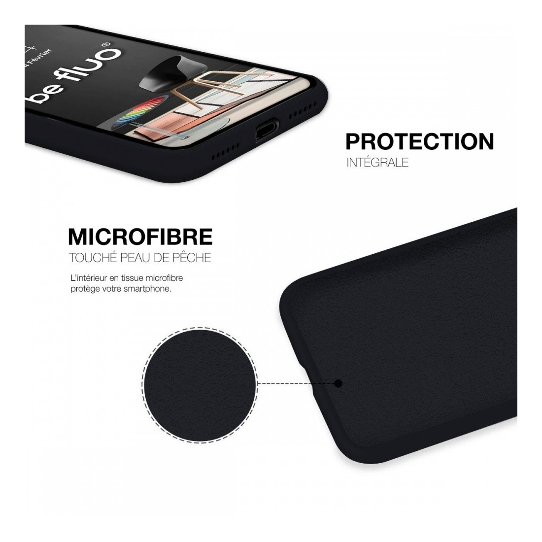 Coque Silicone Moxie BeFluo Fine et Légère pour iPhone 16 Plus, Intérieur Microfibre - Noir