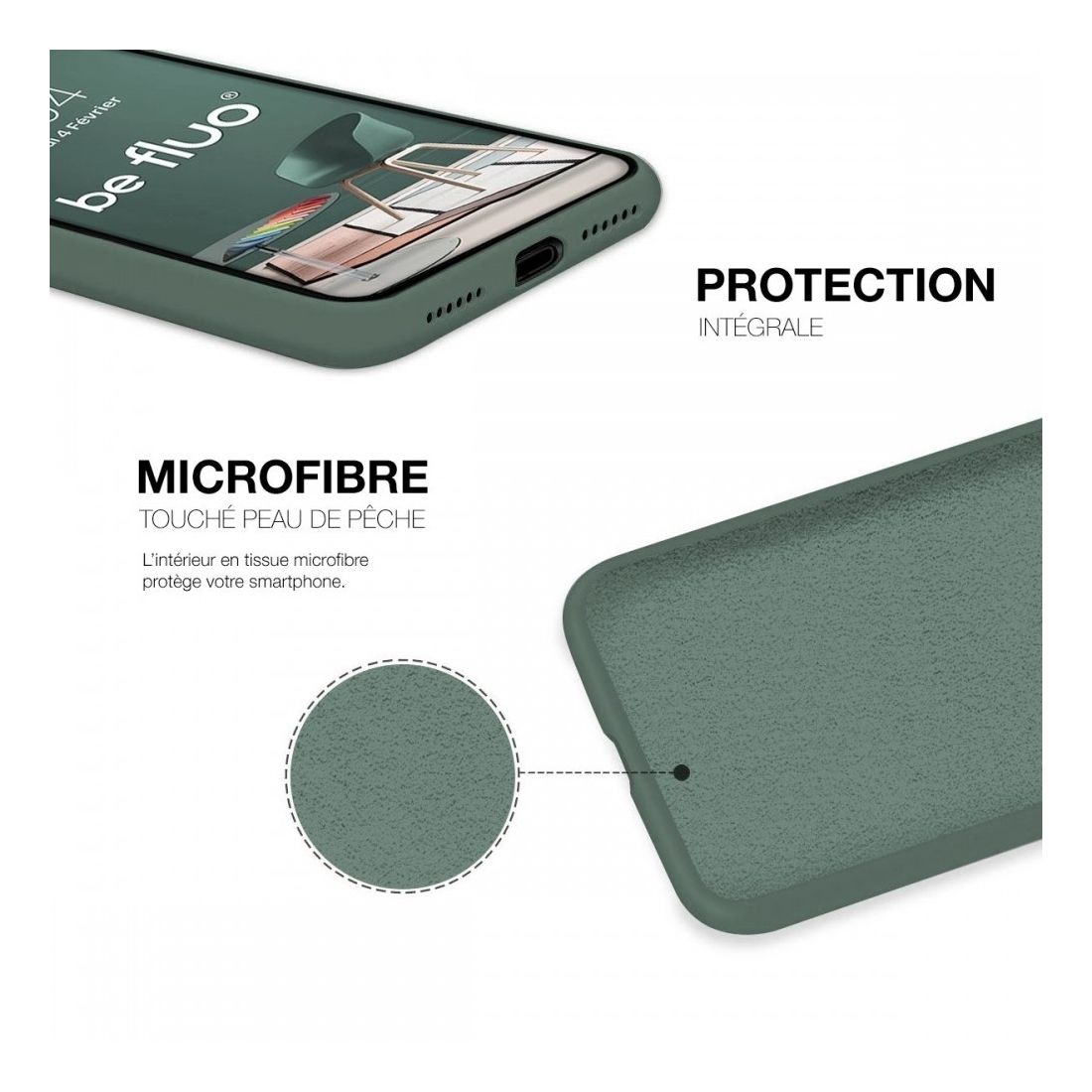 Coque Silicone Moxie BeFluo Fine et Légère pour iPhone 16 Plus, Intérieur Microfibre - Pin vert