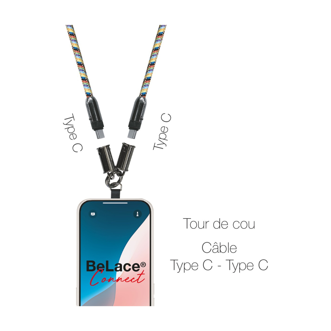 Tour de cou 1.2m avec cable intégré Type-C vers Type-c - multicouleur