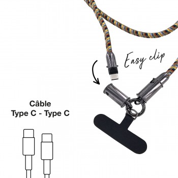 Tour de cou 1.2m avec cable intégré Type-C vers Type-c - multicouleur