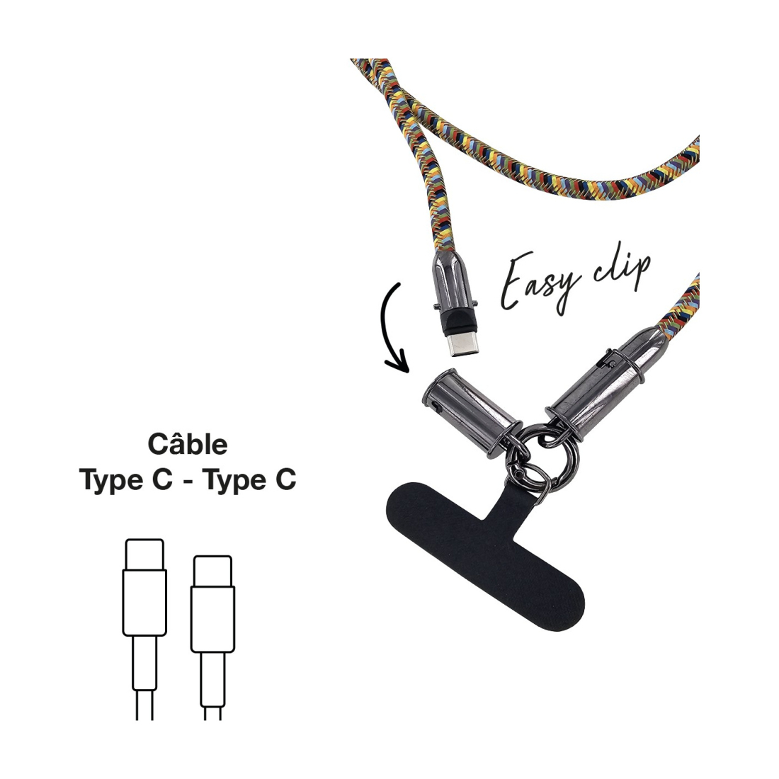 Tour de cou 1.2m avec cable intégré Type-C vers Type-c - multicouleur