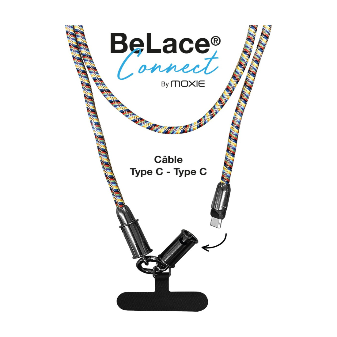 Tour de cou 1.2m avec cable intégré Type-C vers Type-c - multicouleur