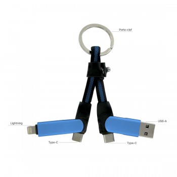 Porte clef cable de charge 5 en 1 en aluminium et Nylon - bleu