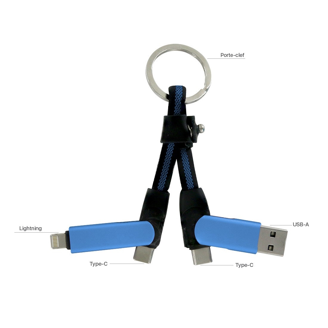 Porte clef cable de charge 5 en 1 en aluminium et Nylon - bleu
