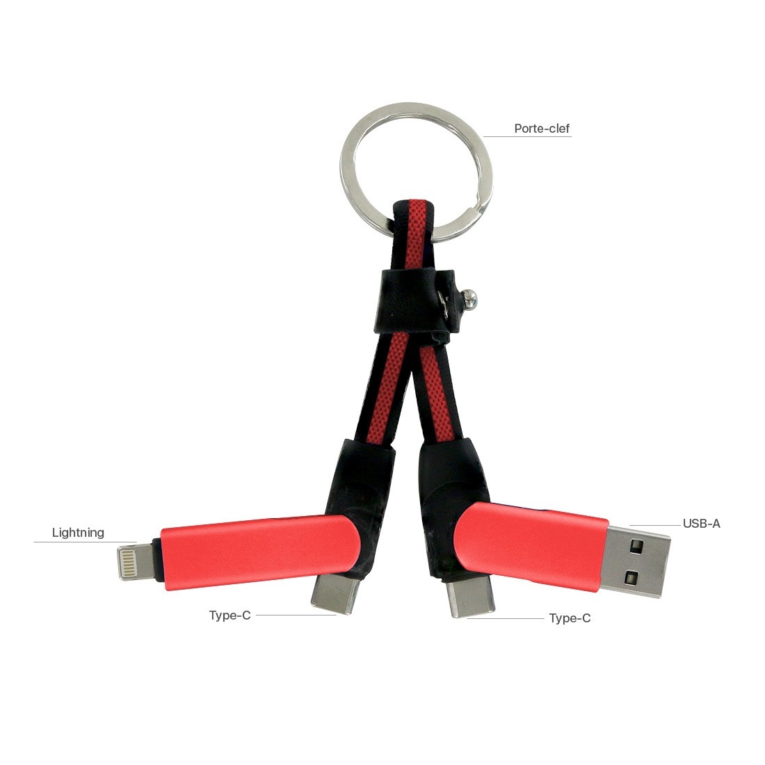 Porte clef cable de charge 5 en 1 en aluminium et Nylon - rouge