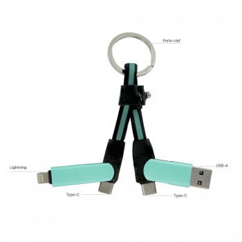 Porte clef cable de charge 5 en 1 en aluminium et Nylon - Menthe