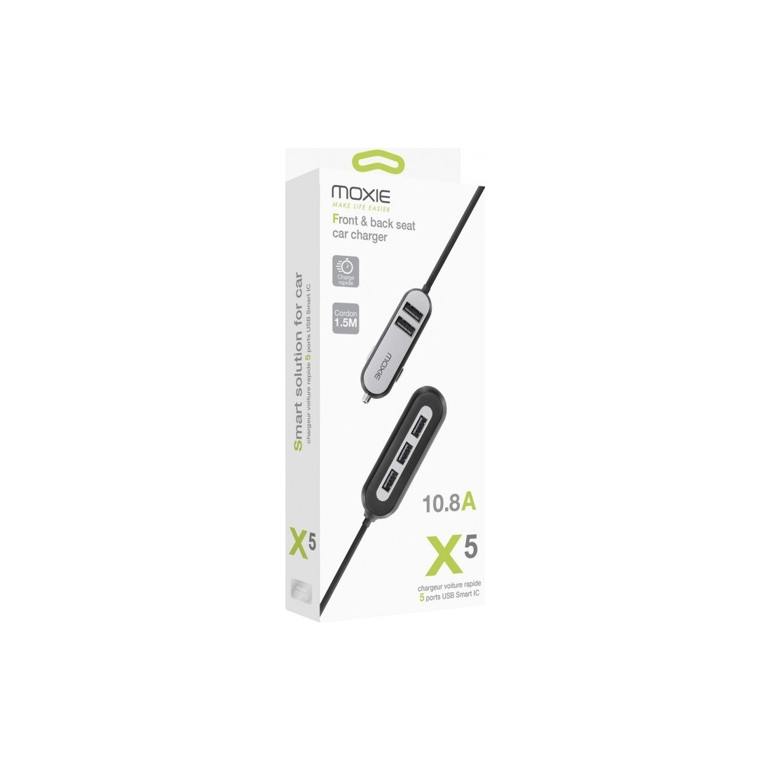 Smart Car Charger Moxie 10.8A 2 ports USB + Hub 3 ports USB