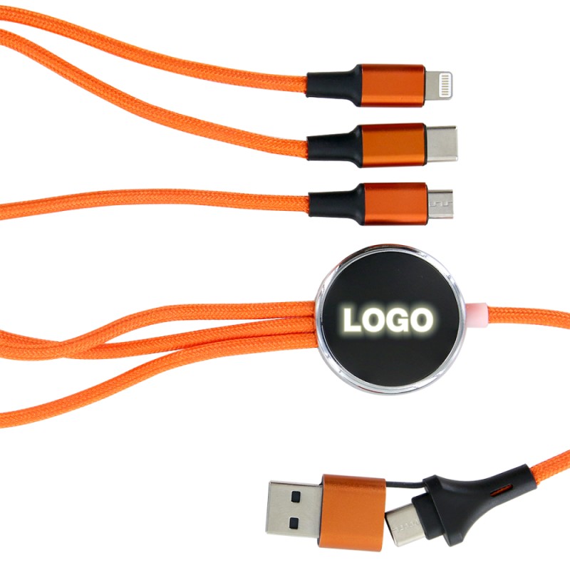 Câble de charge 5 en 1 avec porte logo lumineux à Led rond - Orange