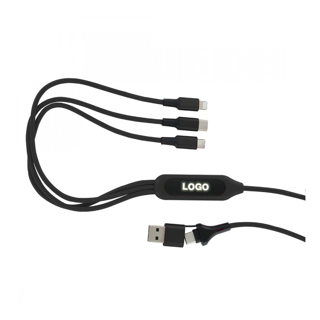 Câble de charge 5 en 1 avec porte logo lumineux à Led Rectangulaire - Noir