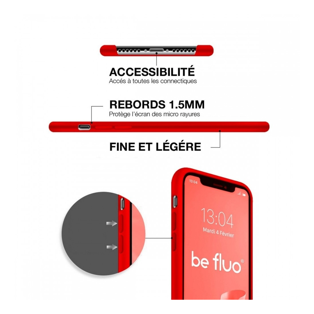 Coque Silicone Moxie BeFluo Fine et Légère pour iPhone 16e, Intérieur Microfibre - rouge