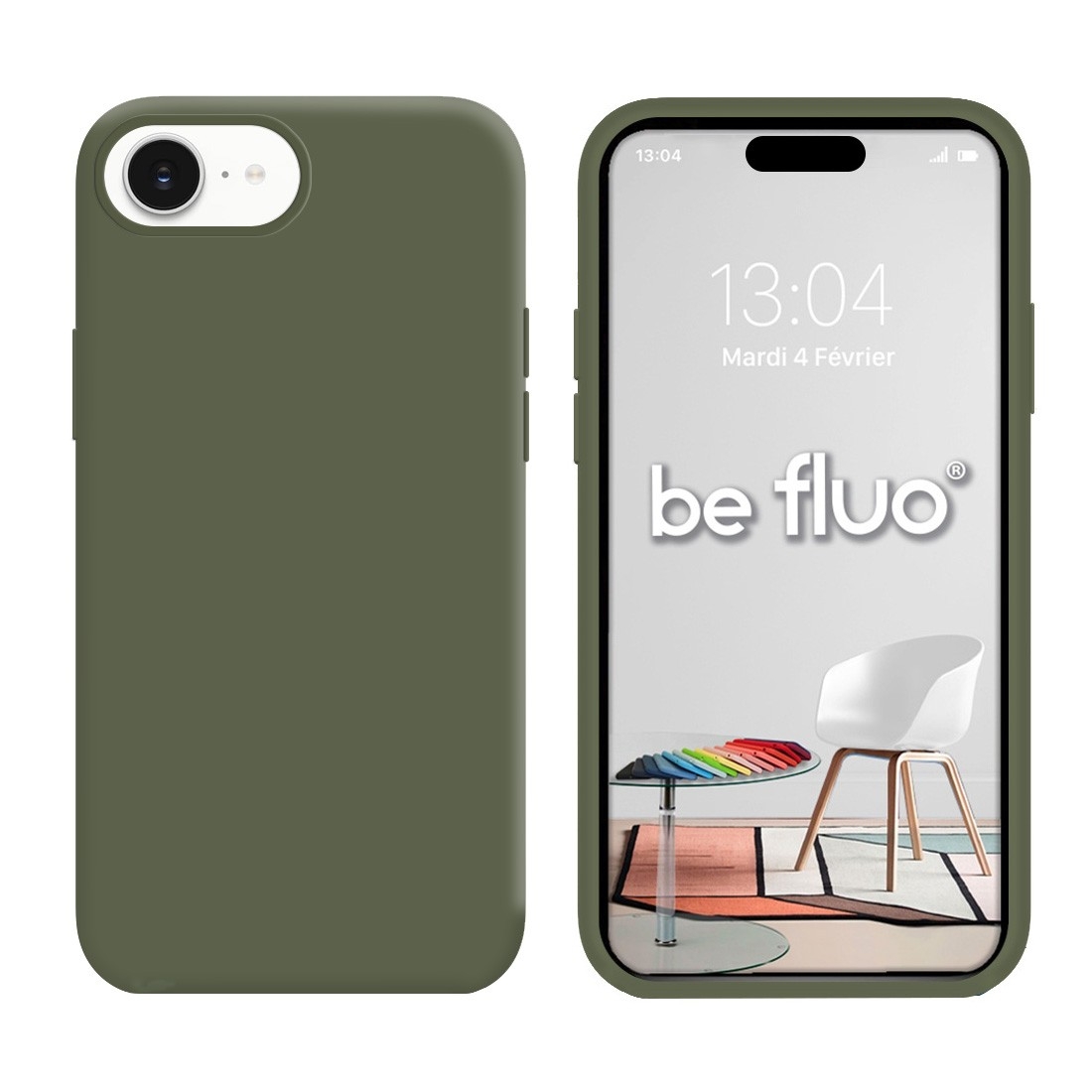 Coque Silicone Moxie BeFluo Fine et Légère pour iPhone 16e, Intérieur Microfibre - kaki