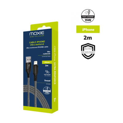 Câble data nylon tressé renforcé USB-A vers Lightning 2 m