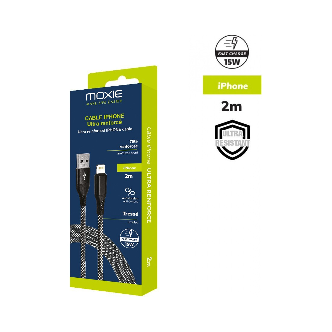 Câble data nylon tressé renforcé USB-A vers Lightning 2 m
