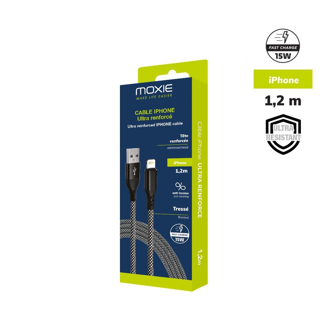 Cable en Nylon ultra résistant embouts renforcés USBA/Lightning 1.2m